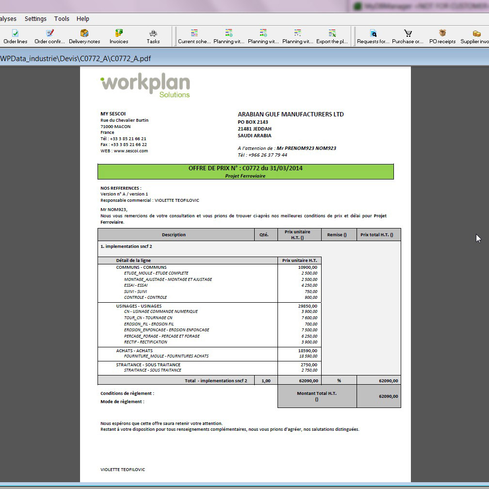 Ejemplo de Presupuesto personalizable con Word, Excel o WinDEV. WORKPLAN
